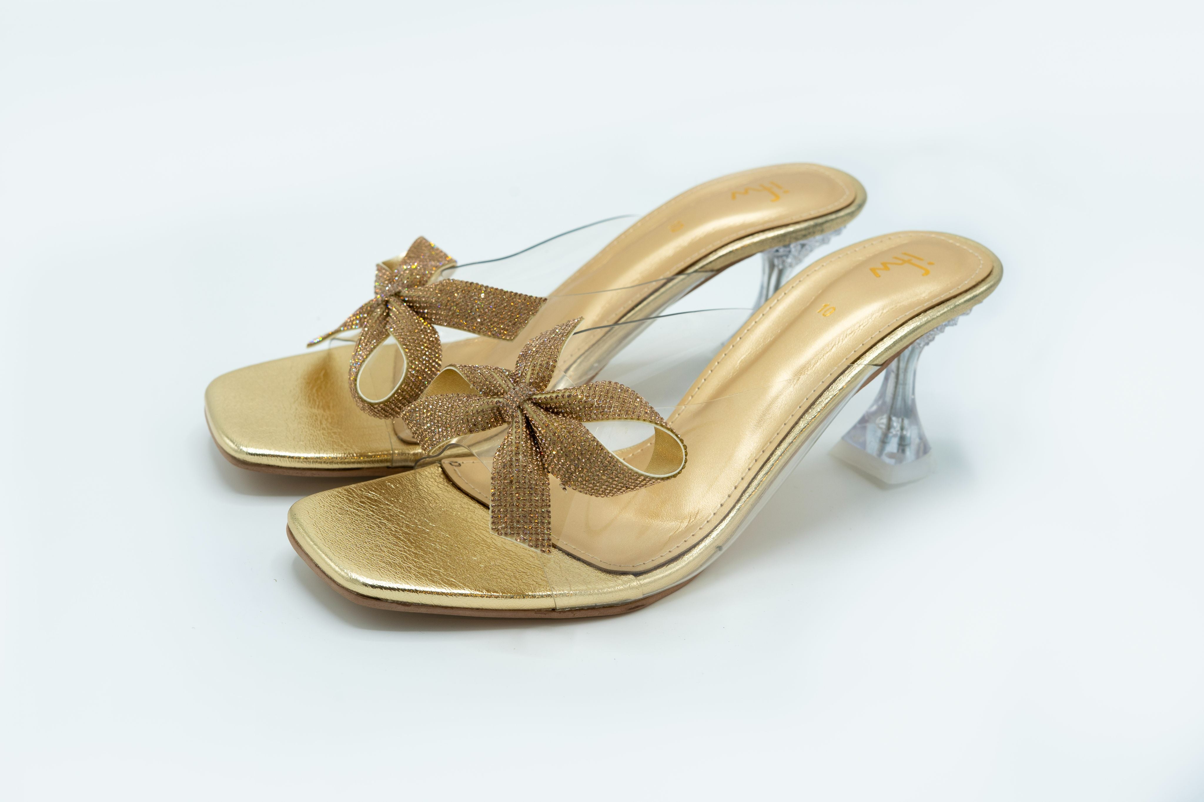 Gold Bow Clear Strap Crystal Heel Sandals