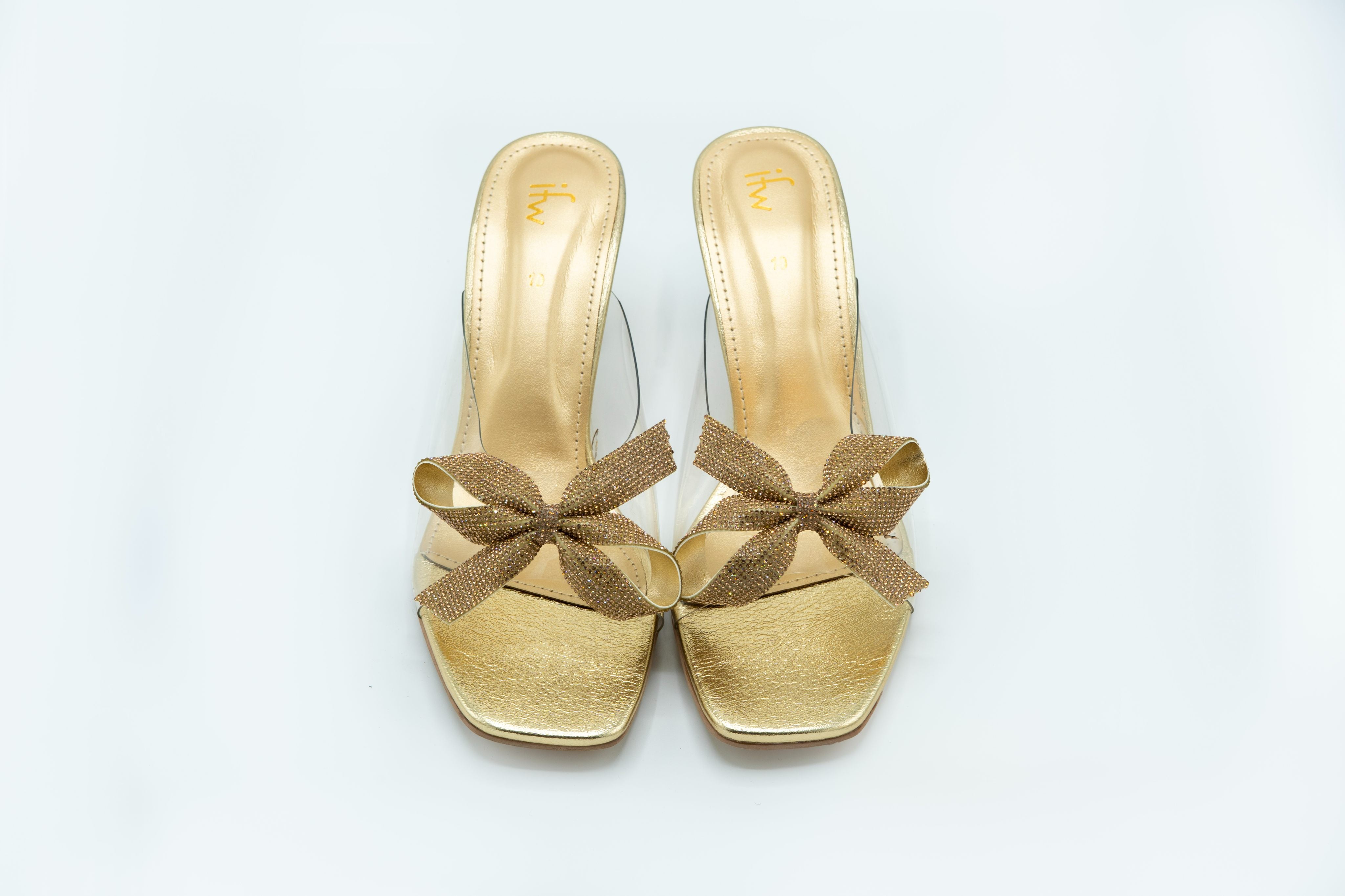 Gold Bow Clear Strap Crystal Heel Sandals
