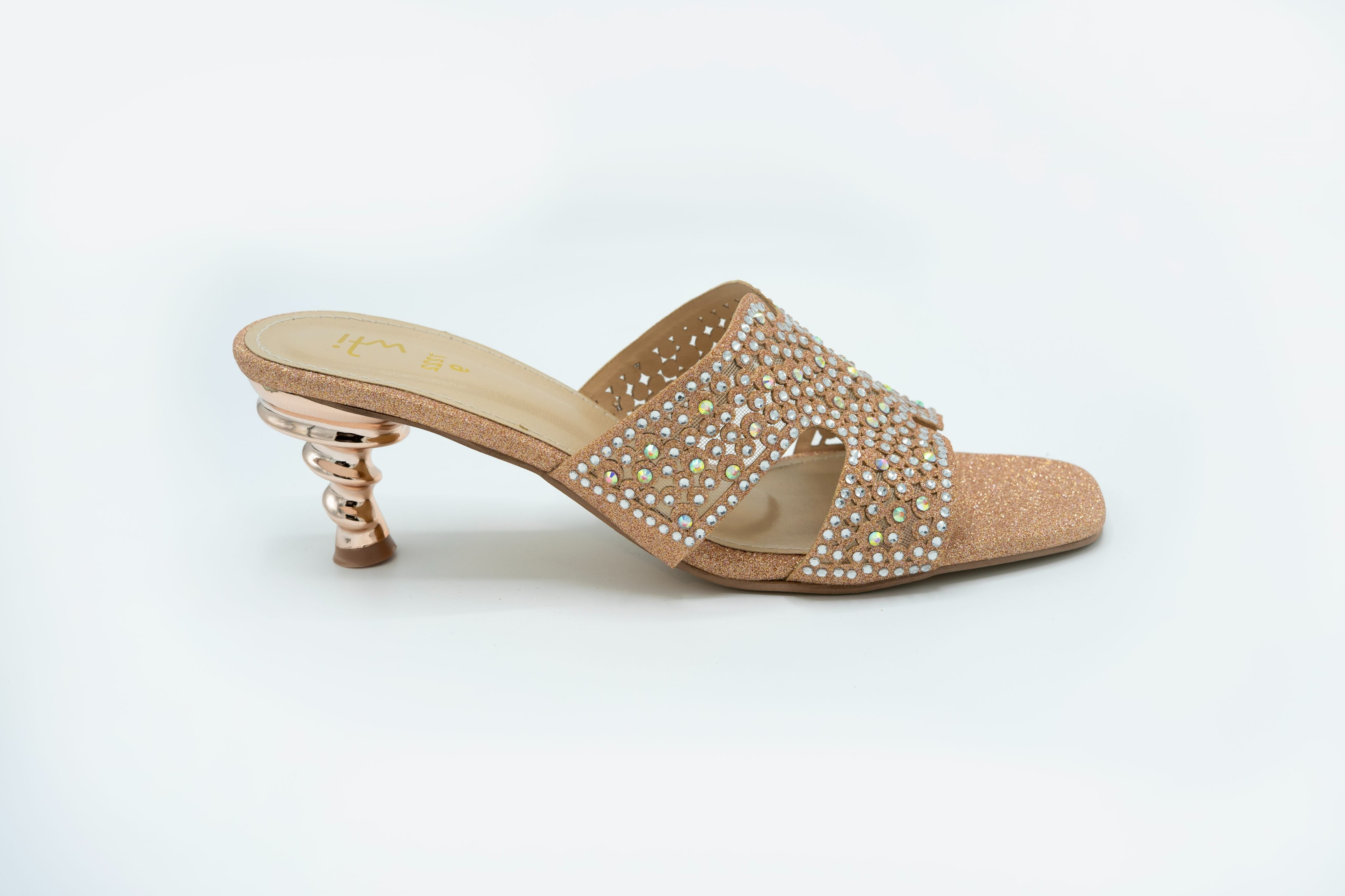 Rose Gold Crystal Embellished Sculpted Heel Sandals