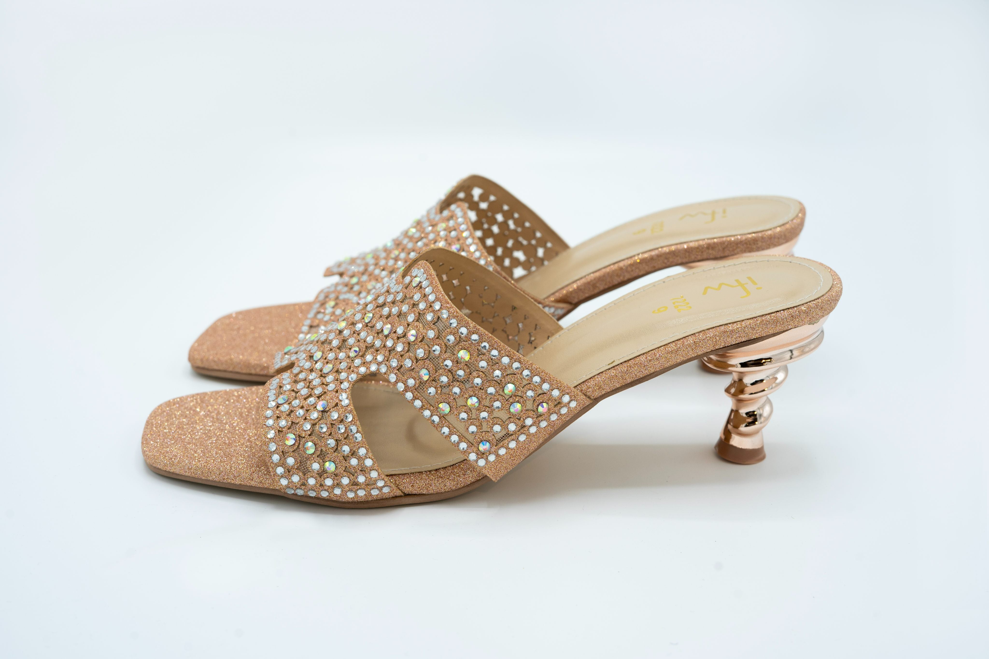 Rose Gold Crystal Embellished Sculpted Heel Sandals