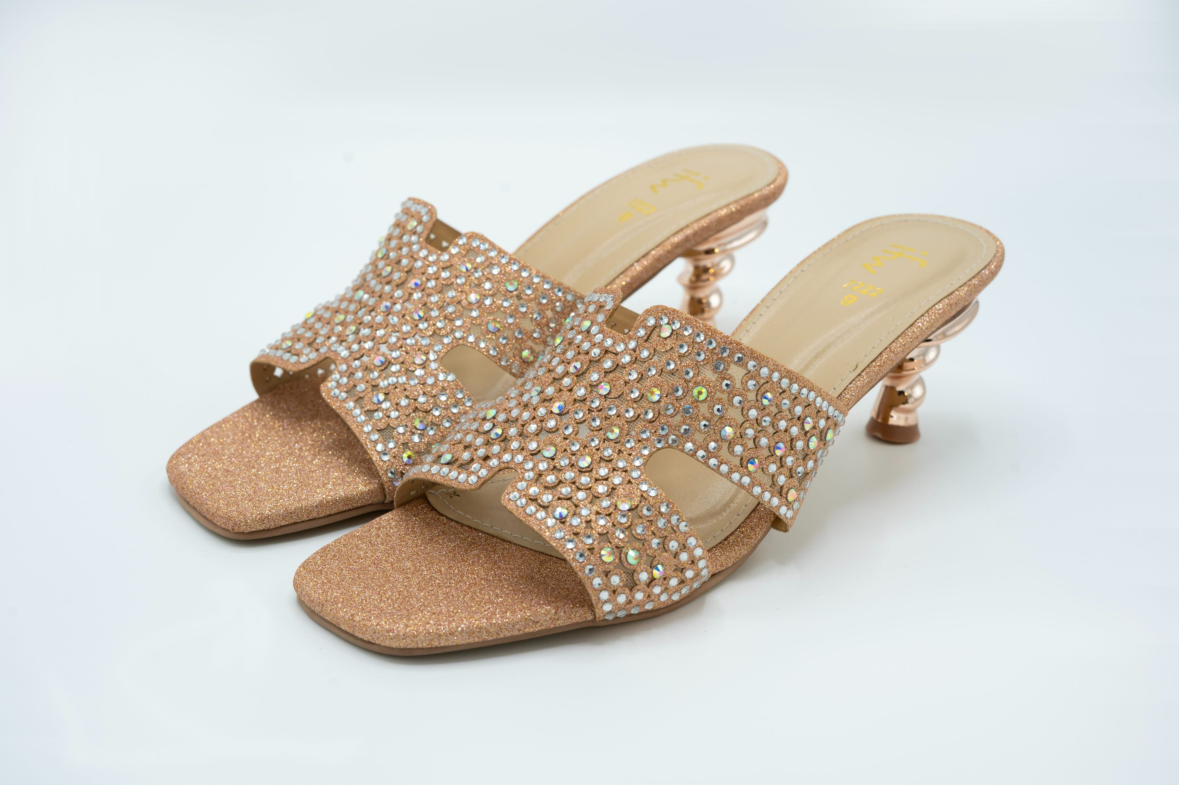 Rose Gold Crystal Embellished Sculpted Heel Sandals